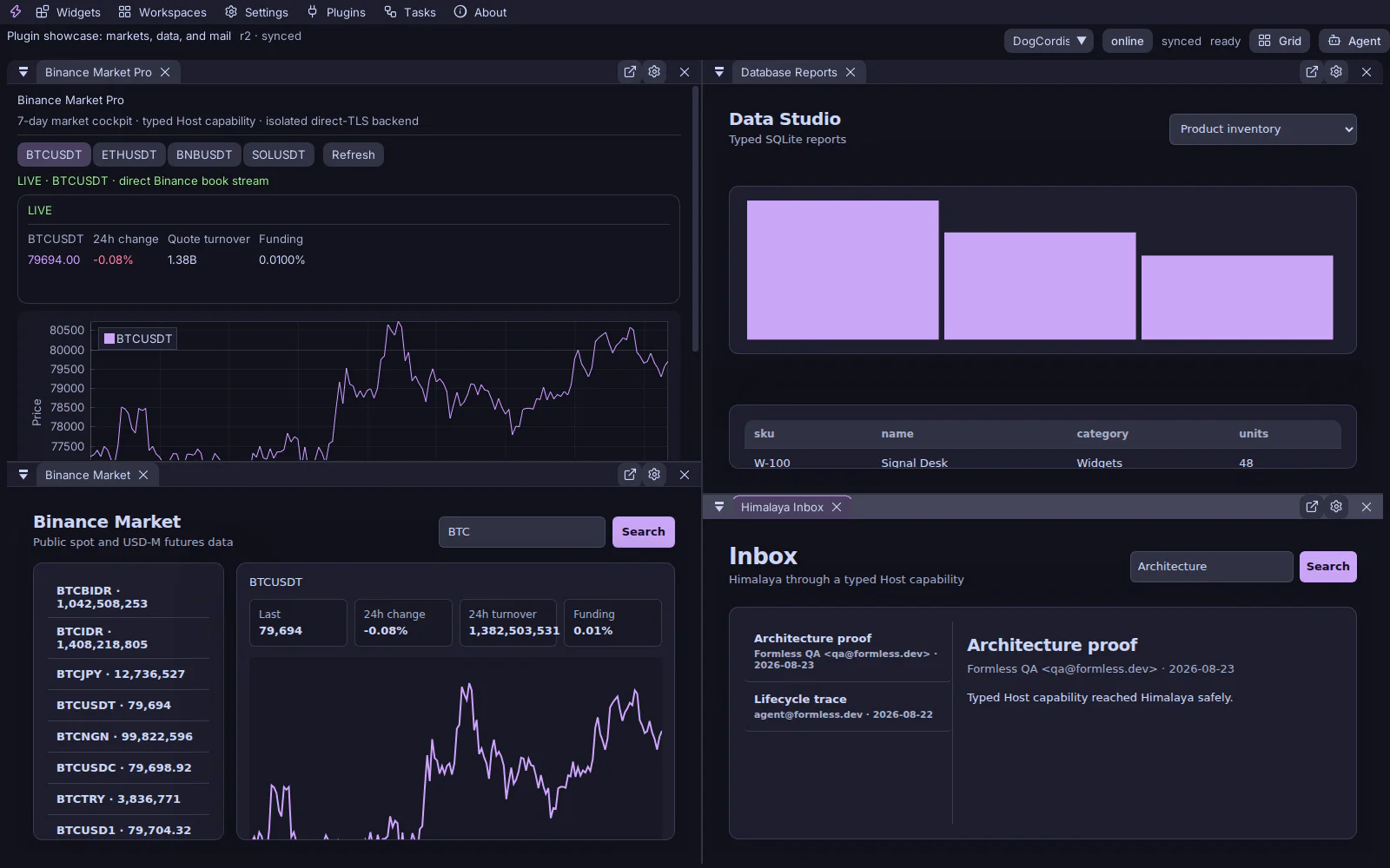 Binance Market Canvas and Binance Market Pro panels in Click